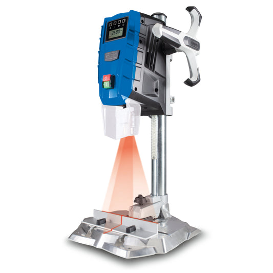 Scheppach DP55 710W digital bench pillar drill press with quick clamp and laser guide.