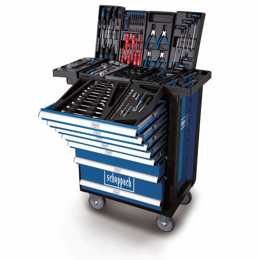 Scheppach TW1000 7 drawer heavy duty steel workshop tool trolley with 263 piece tool set.