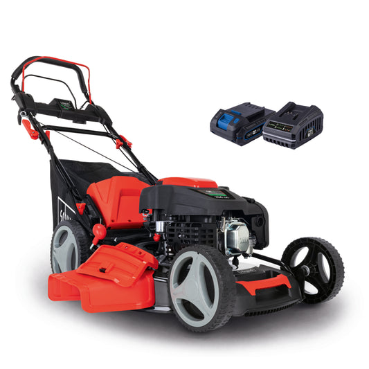 Scheppach MS225-53E 224cc 53cm self-propelled petrol lawn mower with electric start button and 65 litre grass catcher.