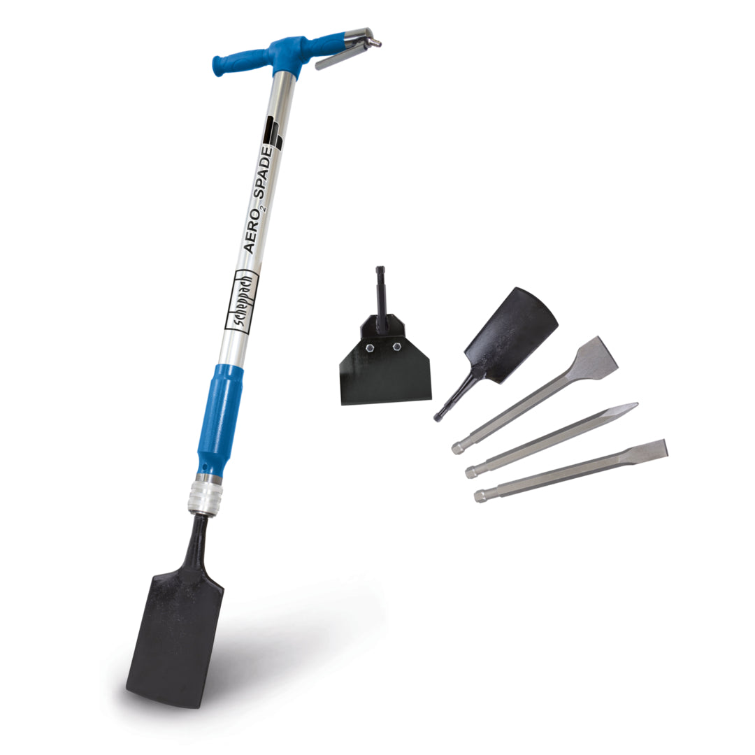 Scheppach Aero² 5-in-1 pneumatic air spade with interchangeable chisels and spade attachments.