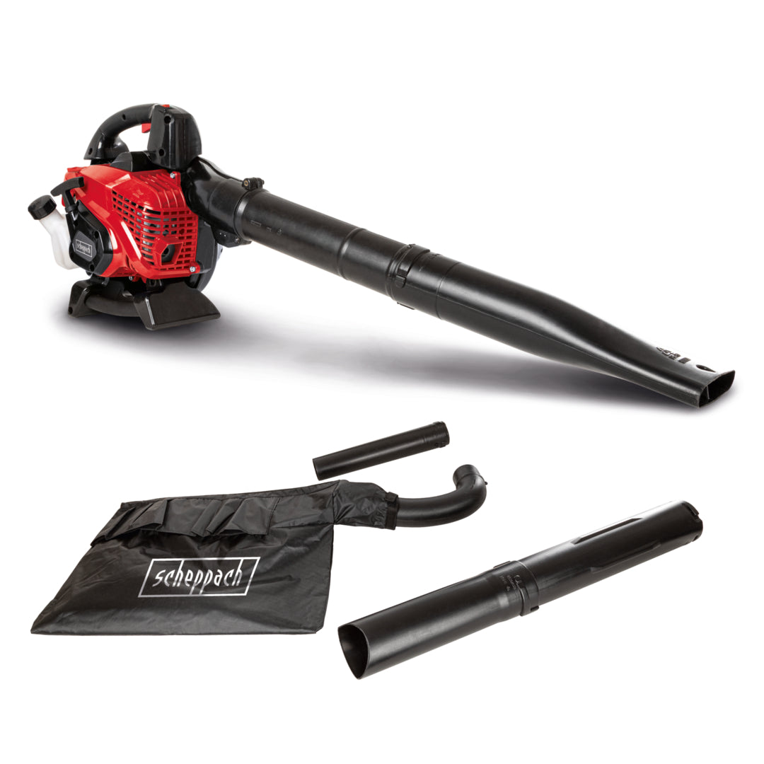 The Scheppach LBH3500P 25.4cc petrol leaf blower vacuum with collection bag, ready for clearing autumn leaves and garden waste.<