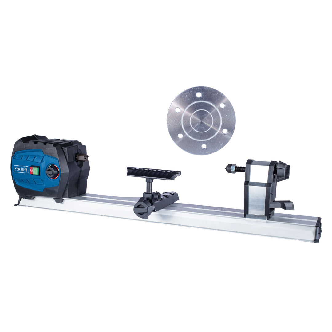 The Scheppach DM600VARIO Wood Lathe 550W with 60cm turning capacity set up for workshop woodturning projects.