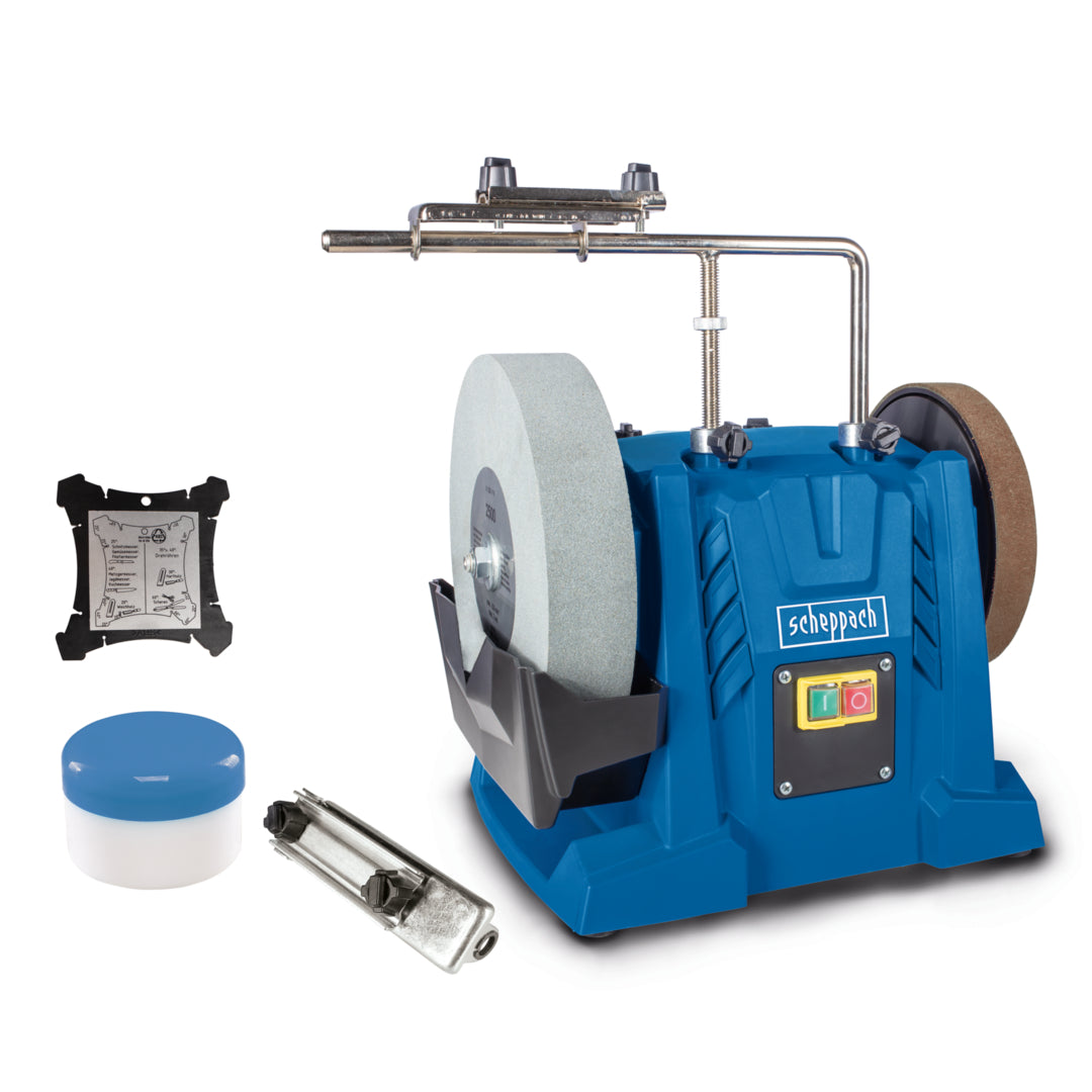 The Scheppach Tiger 7000S 200W wet bench grinder with water trough and leather honing wheel ready for sharpening tools on a workbench.