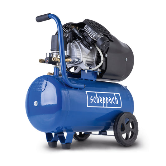 Scheppach HC52DC 50L 3.0HP double cylinder air compressor with transport wheels and dual brass quick couplers.