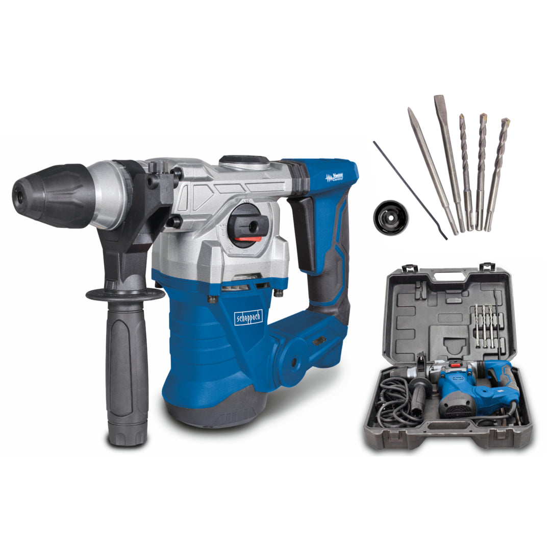 Scheppach DH1300PLUS 1250W SDS Plus rotary hammer drill with chisels, drill bits, and carry case.