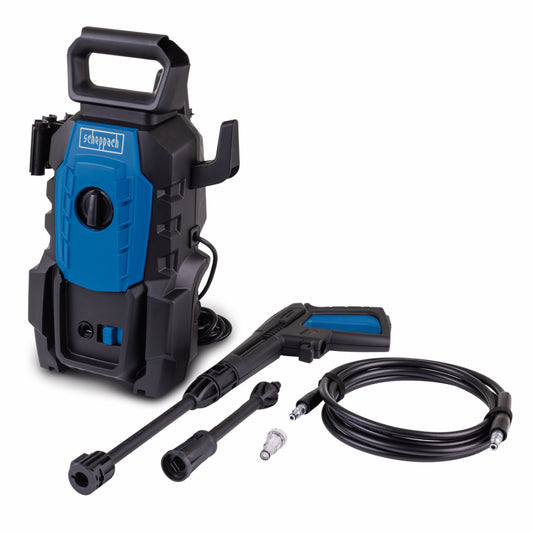 Scheppach HPC1400 1400W electric pressure washer with spray gun and lance attachments.