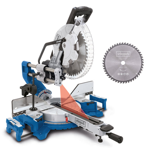 Scheppach HM305SL 2000W 305mm space saving sliding mitre saw with laser guide and aluminium table.