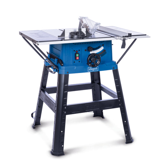 Scheppach HS254 2200W 254mm table saw on leg stand with side table extensions and parallel rip fence.