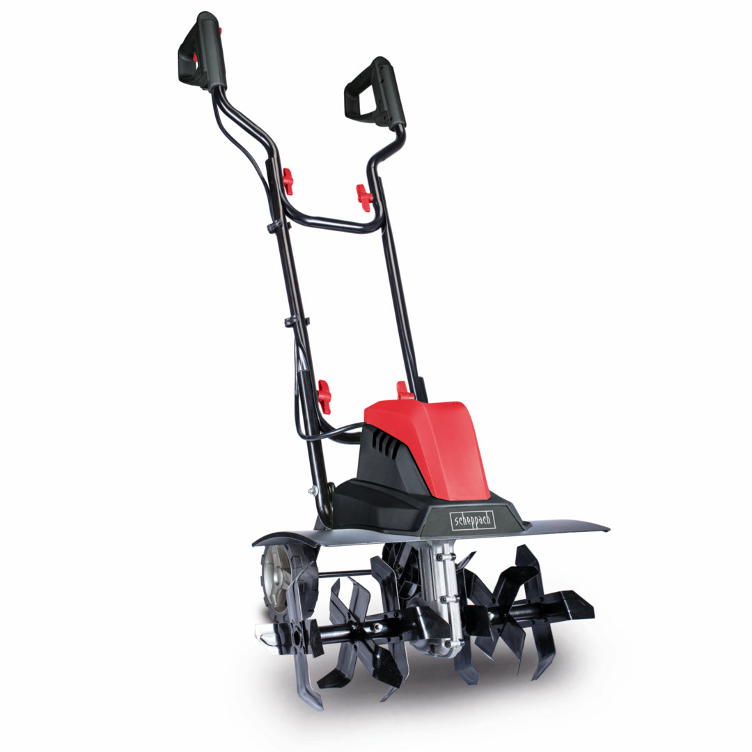 Scheppach MTE460 1500W 450mm electric garden tiller with 24 tines and transport wheels.
