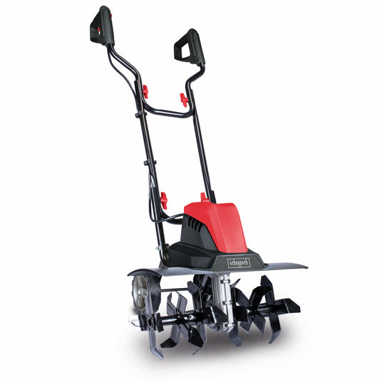 Scheppach MTE460 1500W 450mm electric garden tiller with 24 tines and transport wheels.