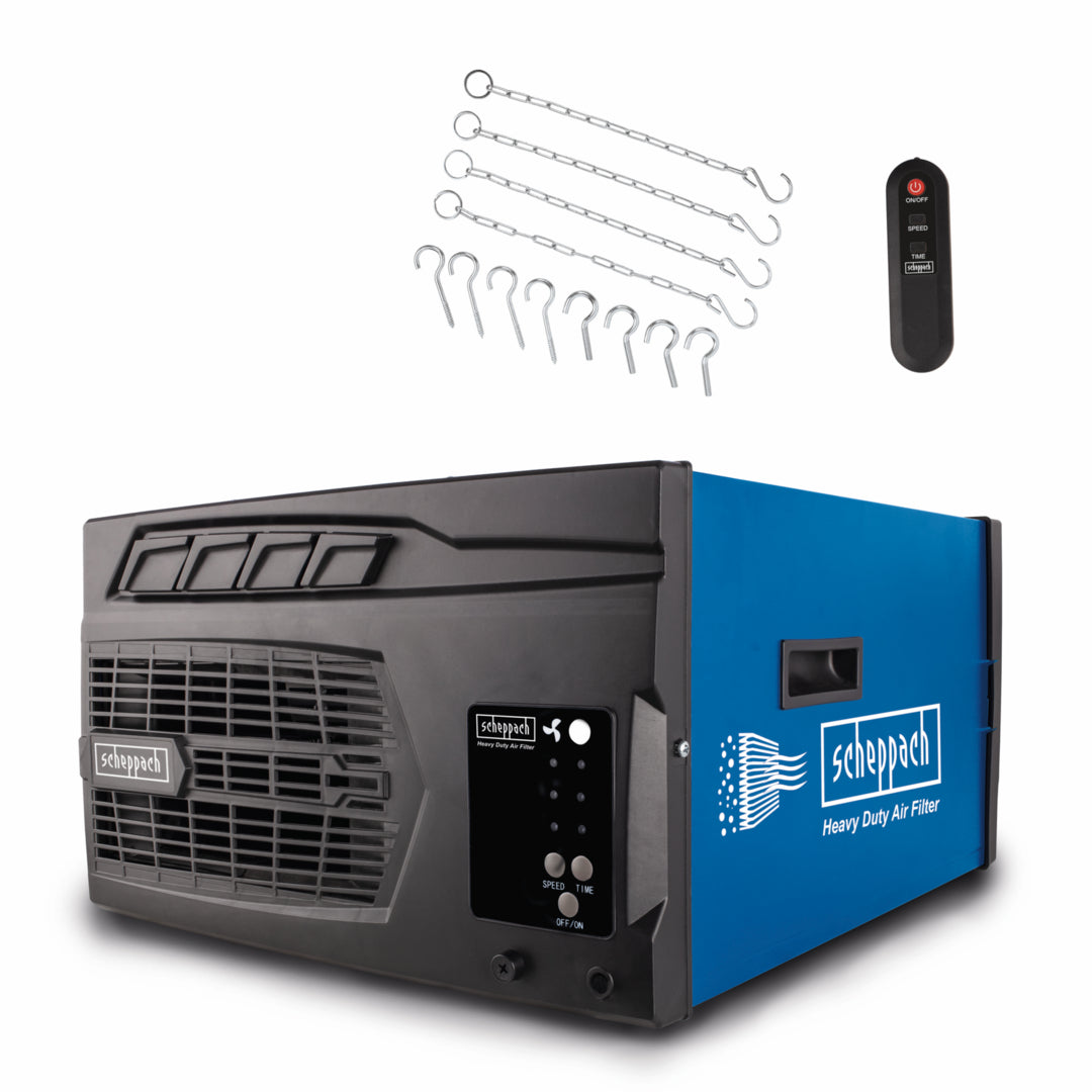 Scheppach HDA-14 110W ceiling mount workshop air purifier with remote control and filters.