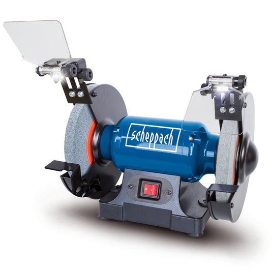 Scheppach SM200L 500W 200mm double bench grinder with LED work lights and adjustable tool support.