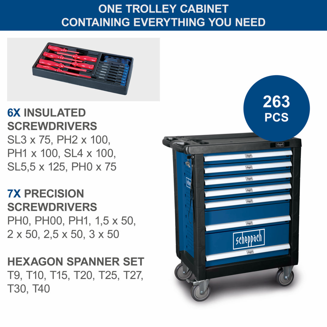 Scheppach TW1000 7-Drawer Workshop Tool Trolley with 263 Piece Tool Set