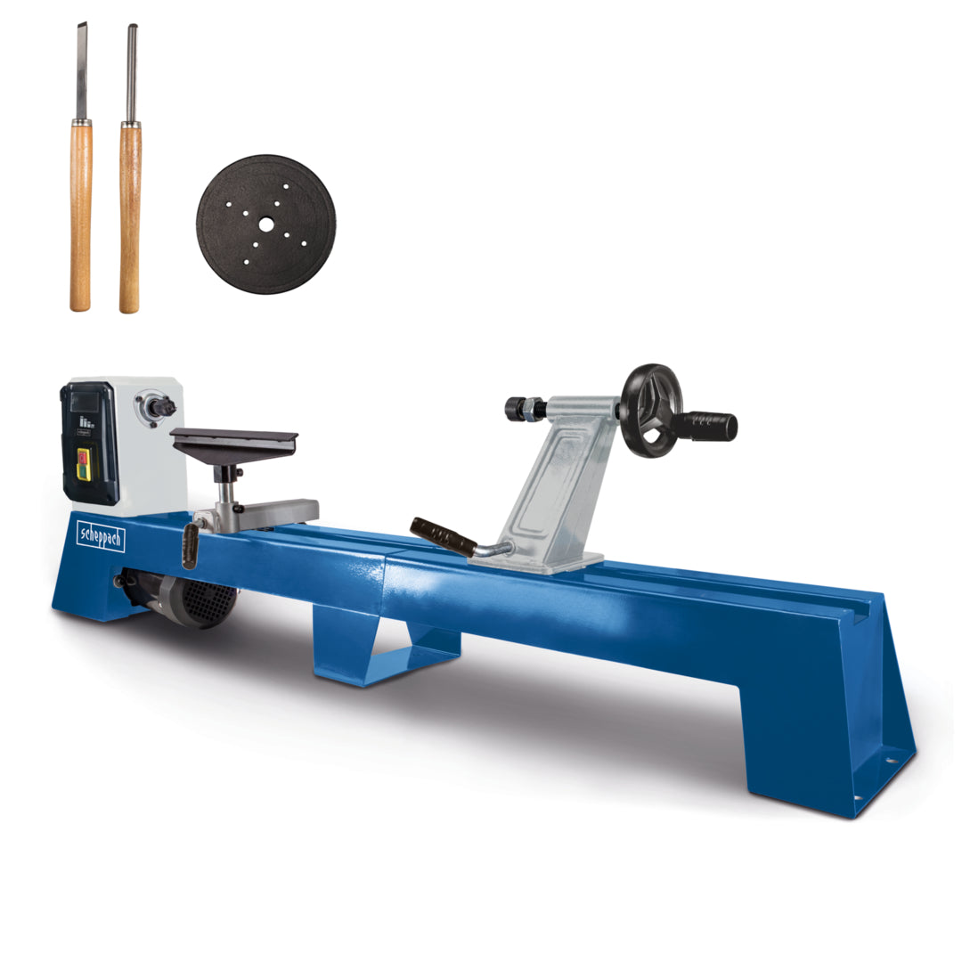 The Scheppach DM1100T Wood Lathe 400W with 1000mm turning capacity set up for workshop woodturning projects.