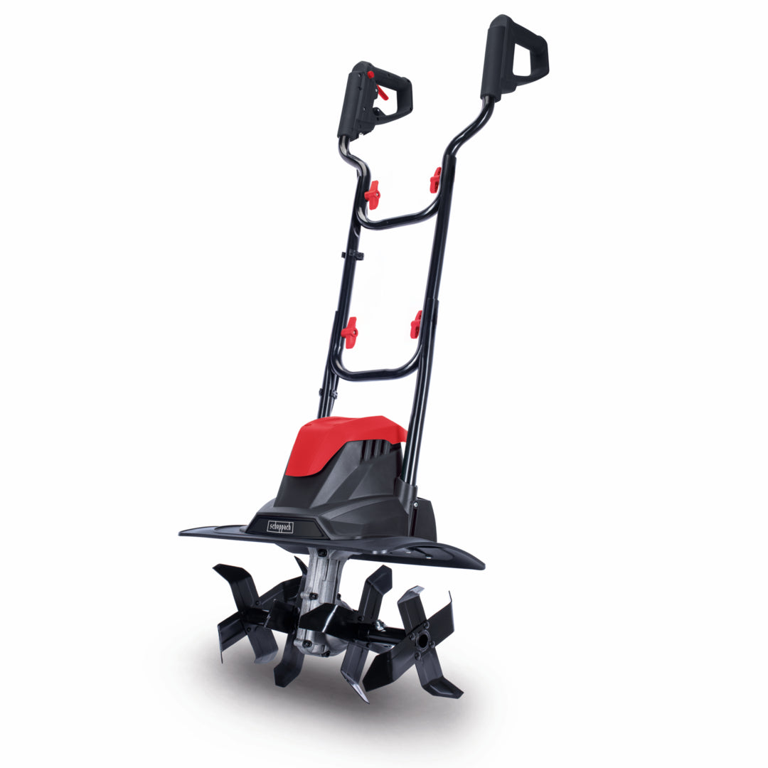 The Scheppach MTE380 Electric Tiller 1050W with 16 steel blades, ready for preparing garden beds and turning soil.
