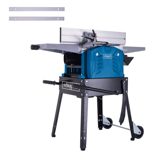 Scheppach HMS1500 2200W 260mm surface planer and thicknesser machine on leg stand with transport wheels.