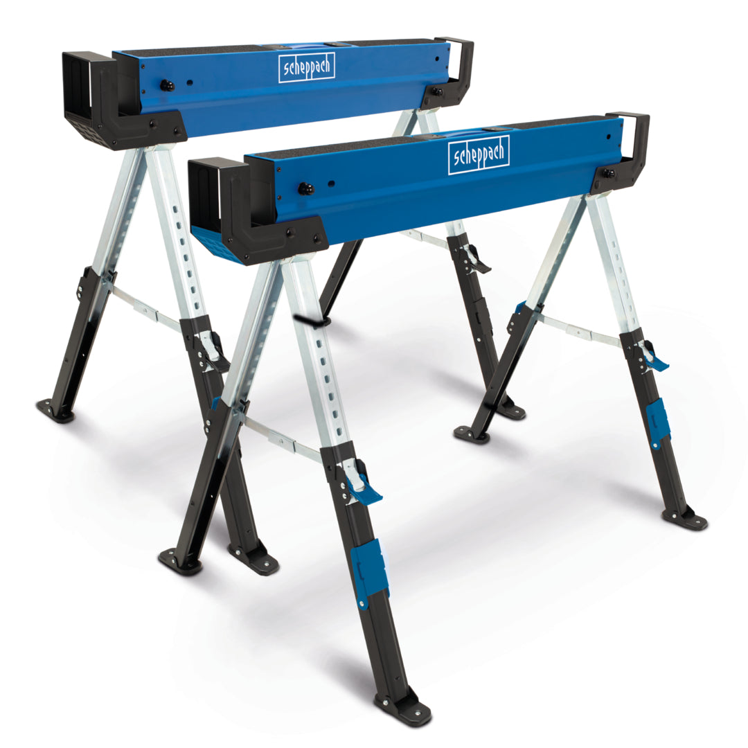 Scheppach MWB600 heavy duty adjustable steel sawhorse trestle with non-slip feet and carry handle.