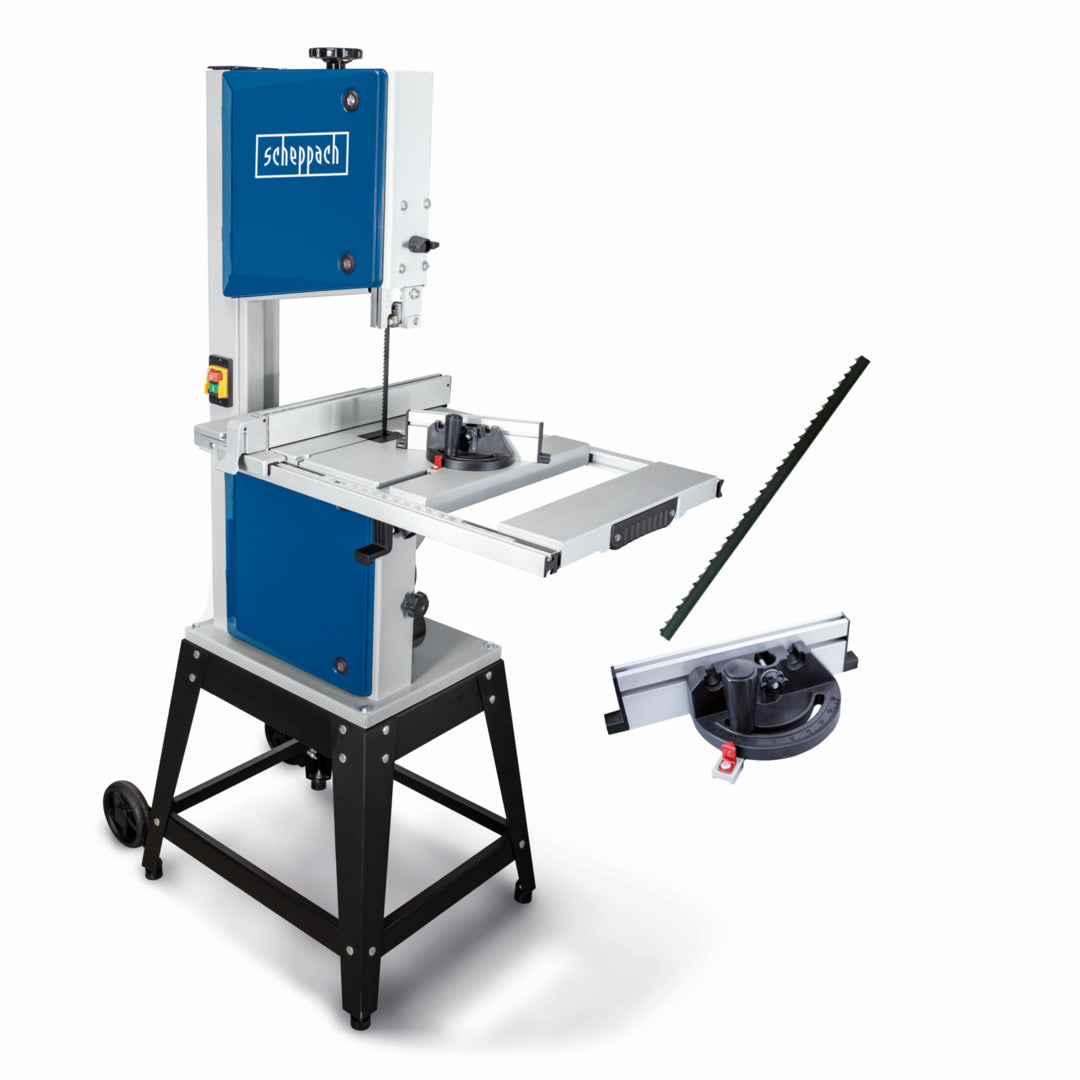 Scheppach HBS400 750W woodworking bandsaw with cast iron tilting table and adjustable fence.