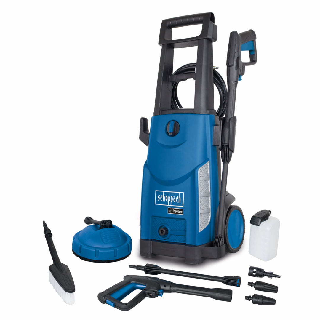Scheppach HCE2400 2400W 180Bar electric high pressure washer with patio cleaner and washing accessories.