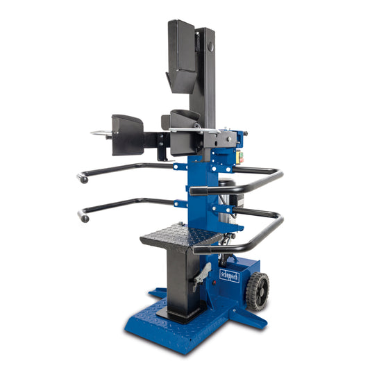 Scheppach Compact 8t 3150W electric vertical hydraulic log splitter with pivoting worktable and safety retaining arms.