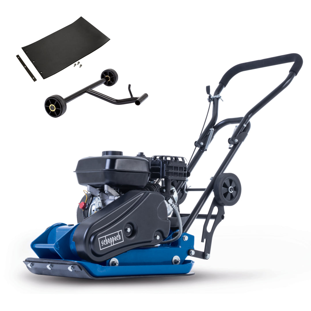 Scheppach HP2300S 196cc petrol wacker plate compactor with rubber mat and wheel kit.