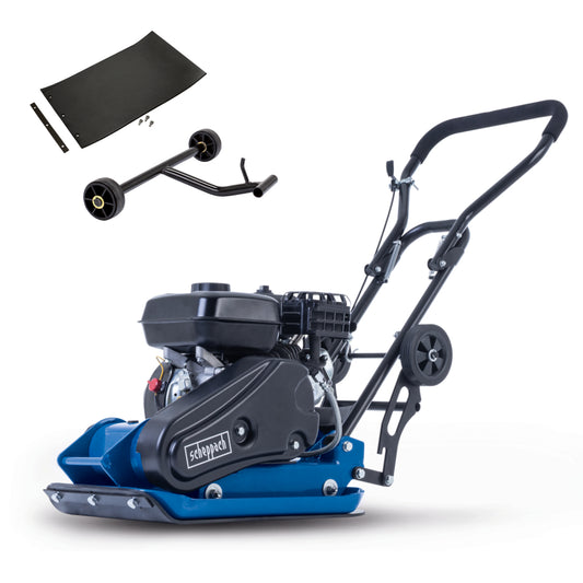 Scheppach HP2300S 196cc petrol wacker plate compactor with rubber mat and wheel kit.