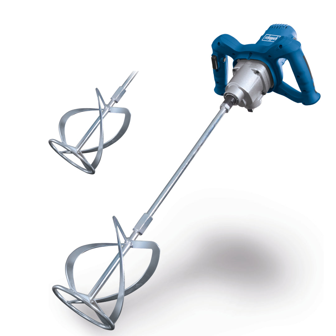 The Scheppach PM1600 Paint and Mortar Stirrer 1600W with M14 spiral mixing paddle attached, ready for site work.
