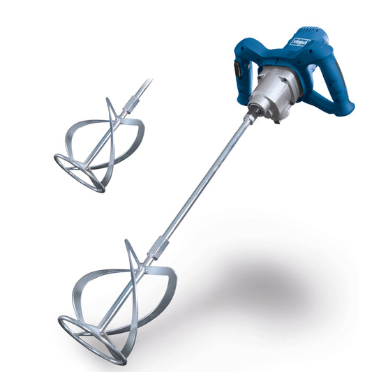 The Scheppach PM1600 Paint and Mortar Stirrer 1600W with M14 spiral mixing paddle attached, ready for site work.