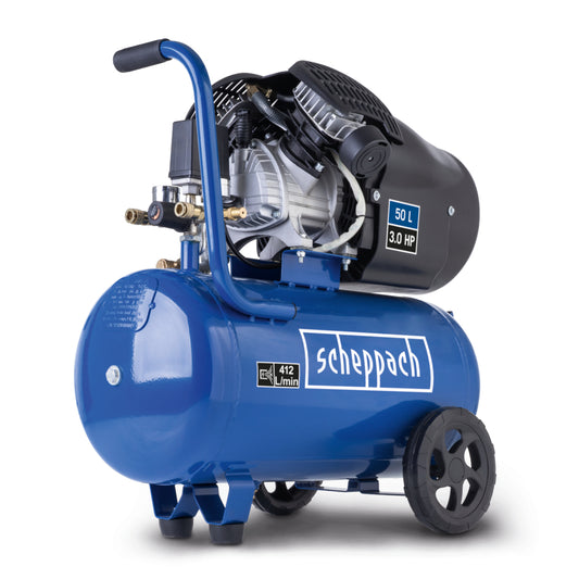 Scheppach HC53DC 50L twin cylinder 3.0HP air compressor with dual pressure gauges and quick connect couplings.