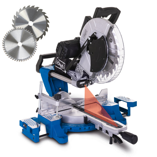 Scheppach HM140L 2000W 305mm sliding double bevel mitre saw with laser guide and material supports.