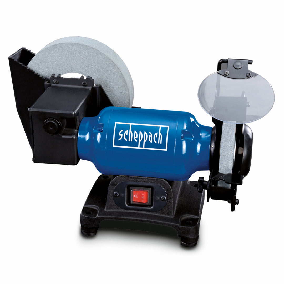 Scheppach BG200W 250W wet and dry bench grinder with 200mm water cooled stone and adjustable tool supports.