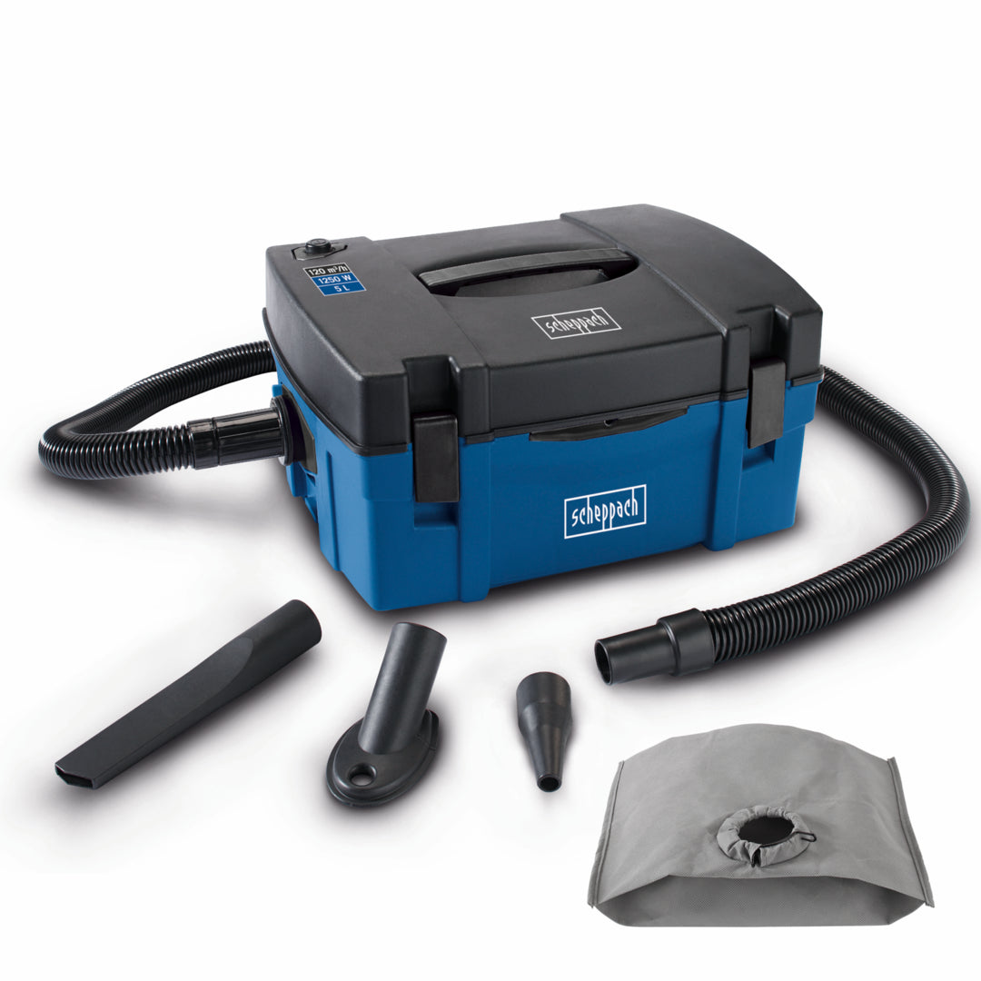 Scheppach HD2P 1250W portable 3-in-1 vacuum cleaner dust extractor and inflator with hose and attachments.