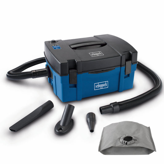 Scheppach HD2P 1250W portable 3-in-1 vacuum cleaner dust extractor and inflator with hose and attachments.