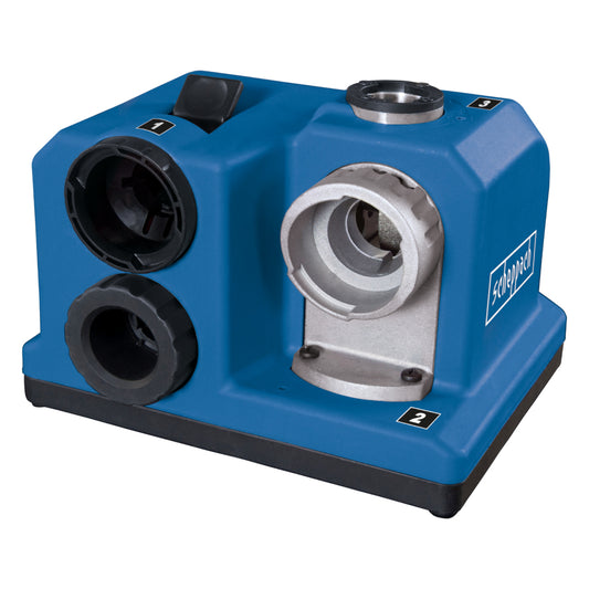 Scheppach DBS800 80W electric drill bit sharpener with diamond grinding wheel and clamping chuck.
