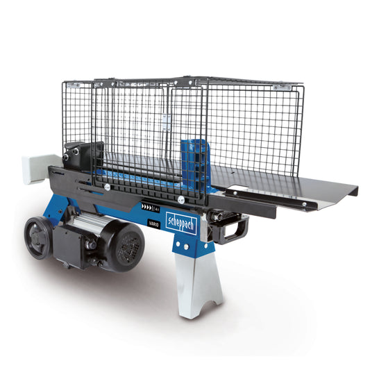 Scheppach HL460 4 tonne horizontal electric hydraulic log splitter with protective cage and transport wheels.