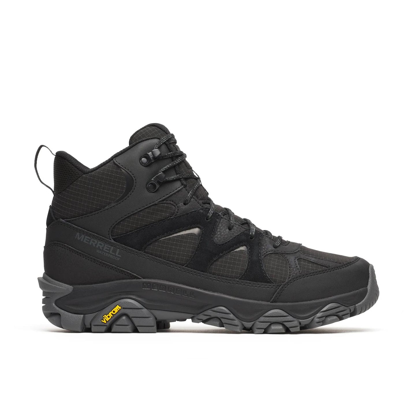 Merrell Men's Thermo Snow Grip Mid Waterproof Boots in dark suede leather showing Vibram traction outsole