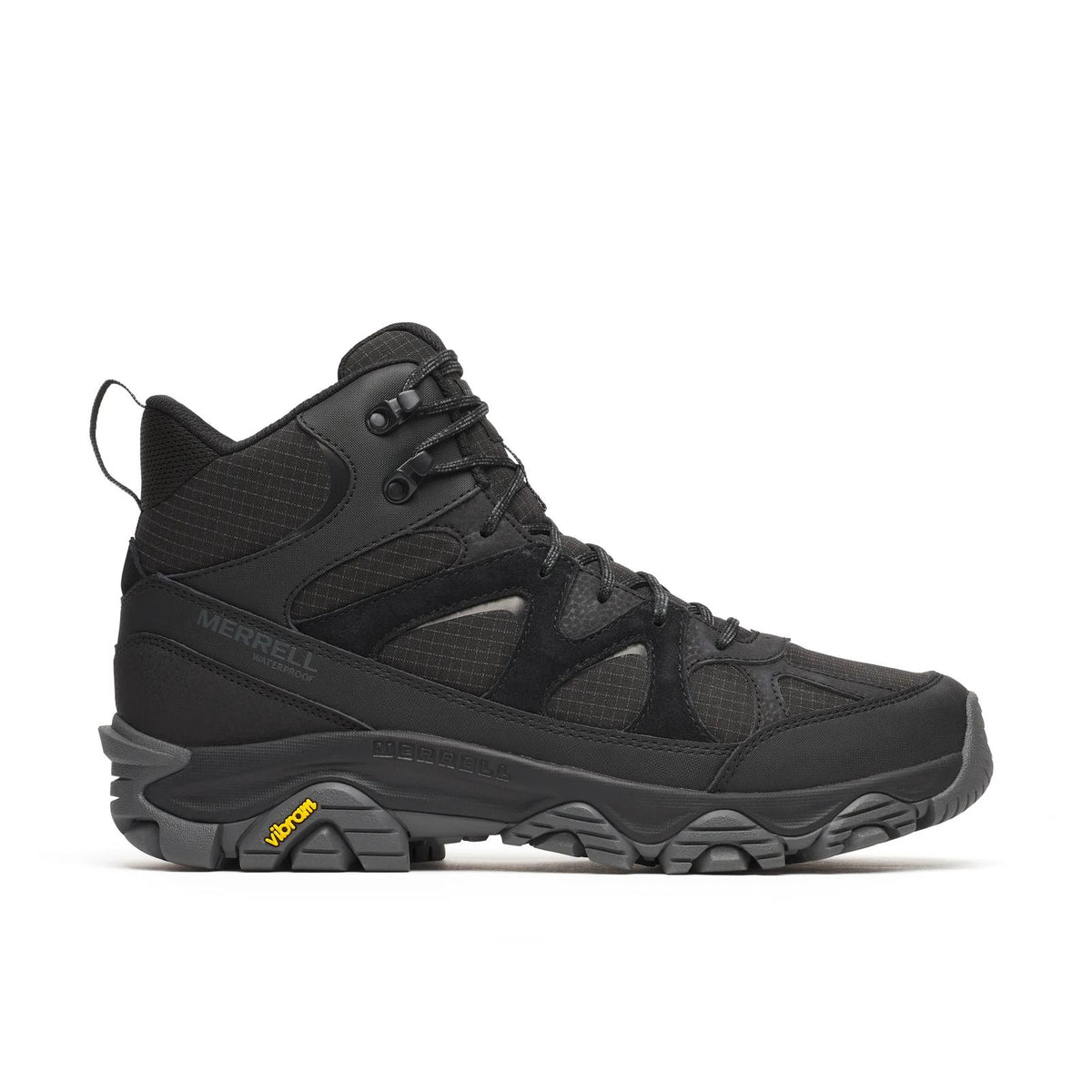 Merrell Men's Thermo Snow Grip Mid Waterproof Boots in dark suede leather showing Vibram traction outsole