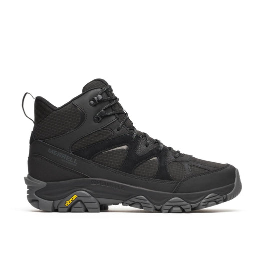 Merrell Men's Thermo Snow Grip Mid Waterproof Boots in dark suede leather showing Vibram traction outsole