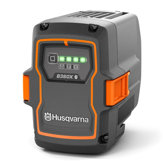 Husqvarna 40-B360X 36V 10Ah lithium-ion battery showing its robust black and orange casing, LED charge indicator panel, and side release clips.