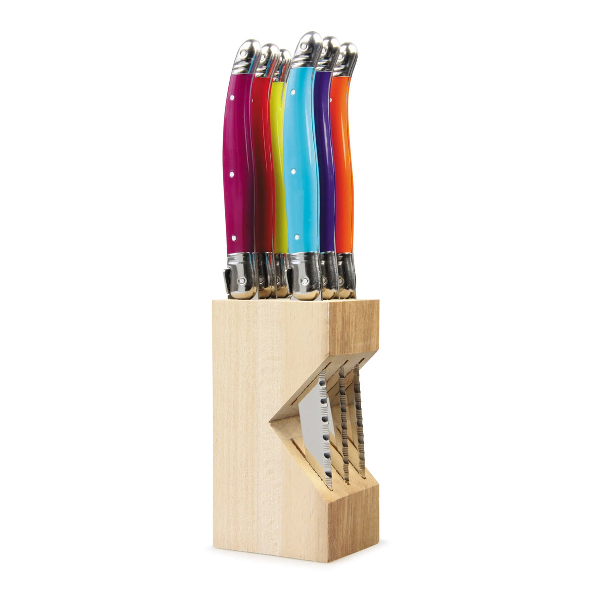 Laguiole K50 6 piece stainless steel steak knife set stored in a natural wooden block