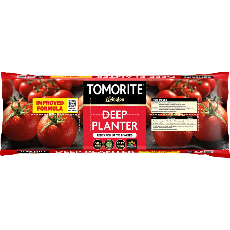 Levington Tomorite Peat Free Deep Planter being used to grow three healthy tomato plants on a garden patio.