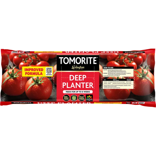Levington Tomorite Peat Free Deep Planter being used to grow three healthy tomato plants on a garden patio.
