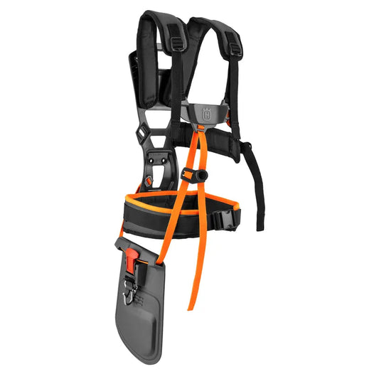 Husqvarna Balance X2 adjustable double shoulder harness for brushcutters showing padded straps, back plates, and orange high-visibility quick release