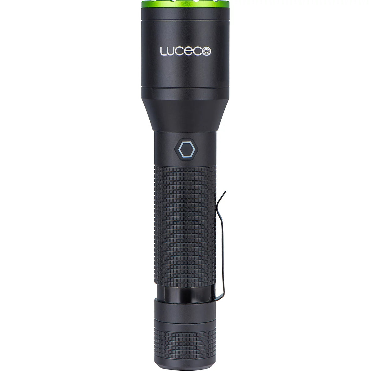 Luceco 6W 600lm rechargeable multi-focus LED hand torch in black aluminium