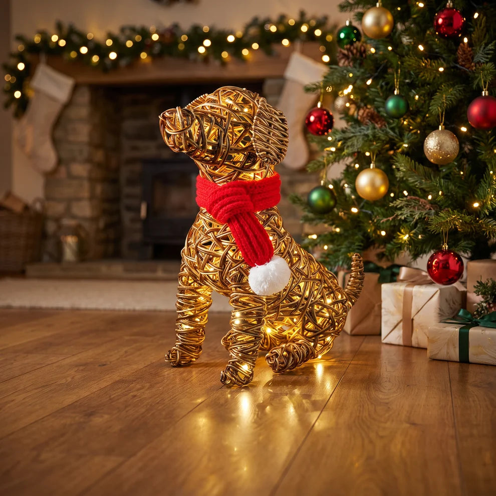Noma 44cm brown wicker sitting dog garden light ornament with 60 warm white LEDs