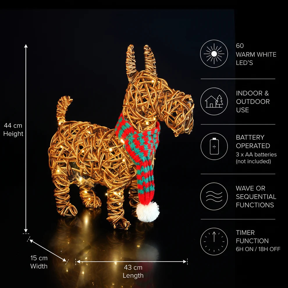 Noma 44cm brown wicker Scottie dog garden light ornament with 60 warm white LEDs
