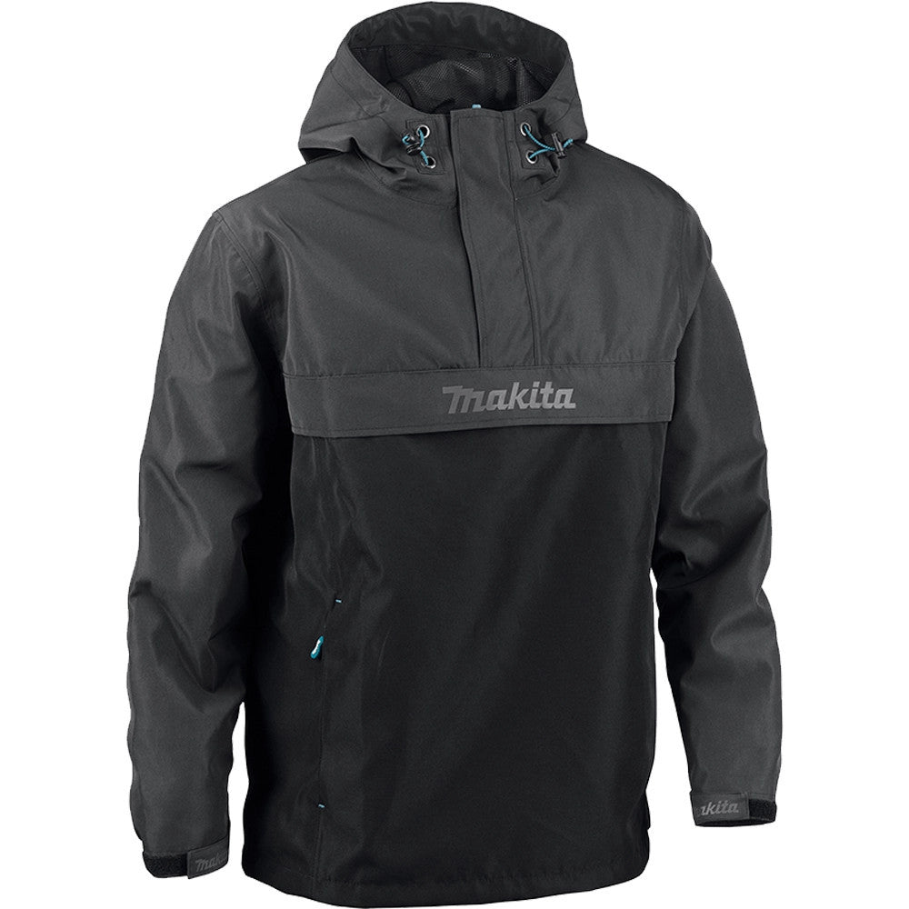 Front view of a grey Makita Aero Waterproof Work Jacket showing the kangaroo pocket and adjustable hood