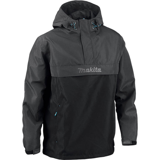 Front view of a grey Makita Aero Waterproof Work Jacket showing the kangaroo pocket and adjustable hood
