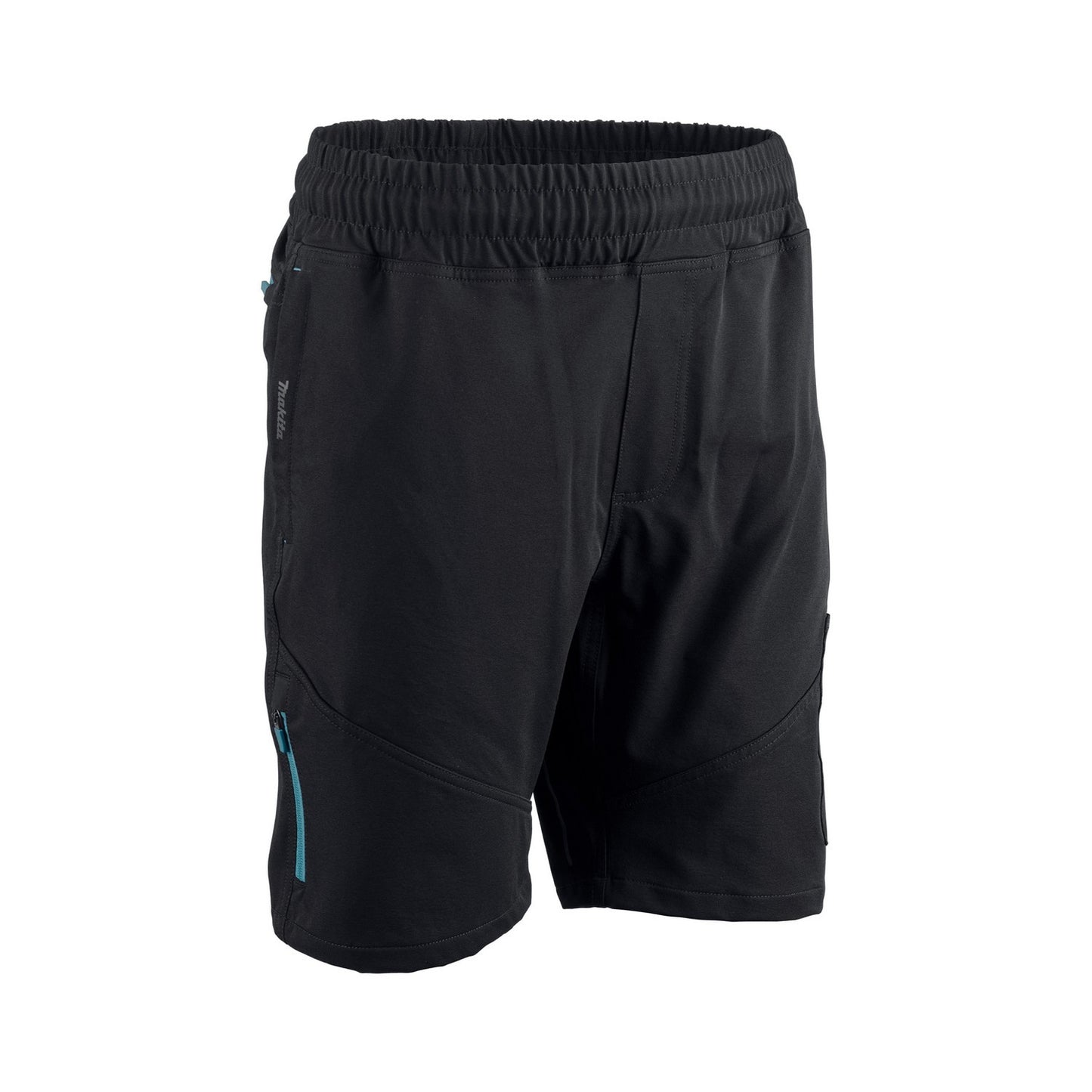 Black Makita Axis 4-way stretch work shorts featuring an elasticated waistband, secure teal-accented zip pockets, and durable technical fabric