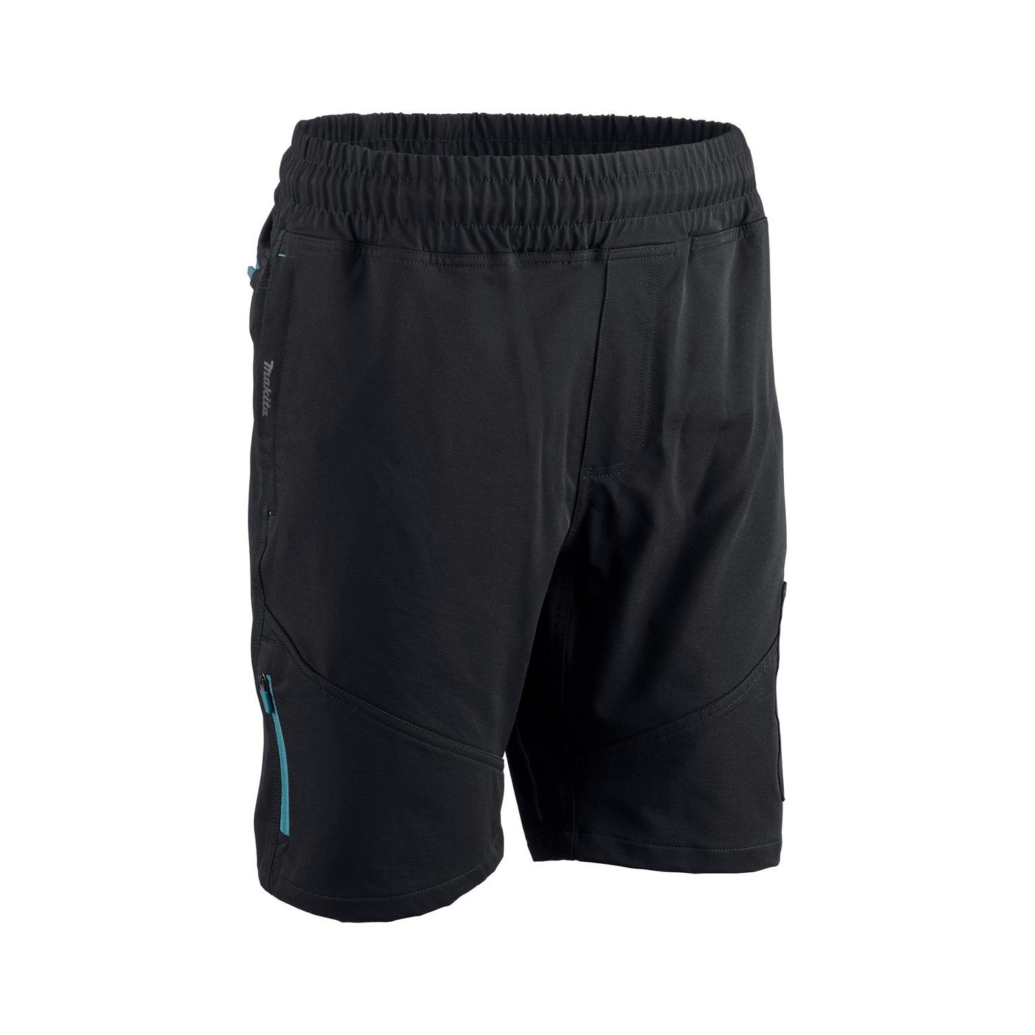 Black Makita Axis 4-way stretch work shorts featuring an elasticated waistband, secure teal-accented zip pockets, and durable technical fabric